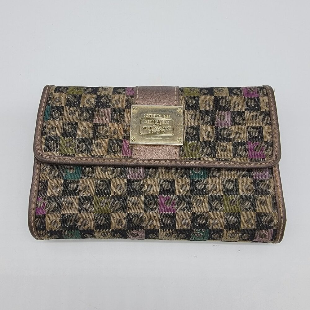 Liz Claiborne Wallet Womens Tan Checkerboard C Print Tri-Fold